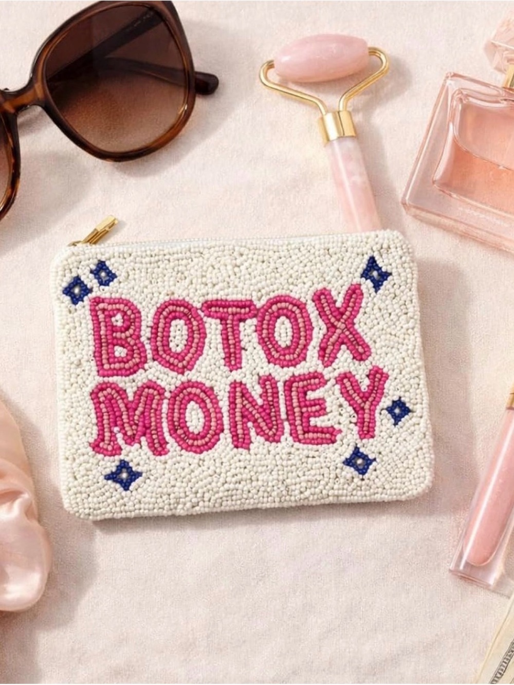 Beaded 'Botox Money' Cosmetic Pouch - White & Pink